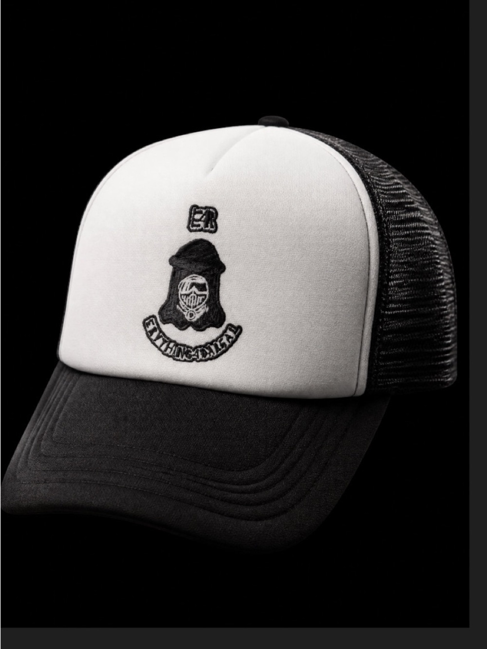 Black & White Trucker Cap with Embroidered Crest